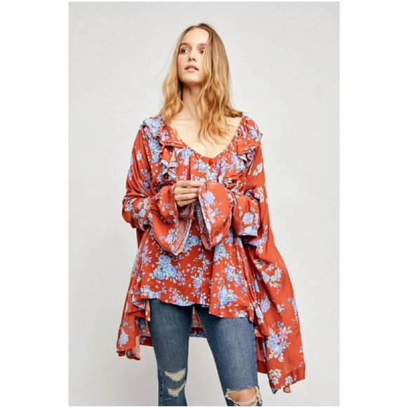 Free People Tops - Free People Blouse Lorretta Floral Printed Oversized Tunic Shirt